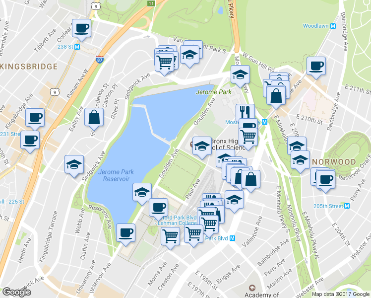 map of restaurants, bars, coffee shops, grocery stores, and more near 75 Bronx Science Boulevard in Bronx