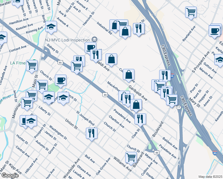 map of restaurants, bars, coffee shops, grocery stores, and more near 22 MacArthur Avenue in Lodi