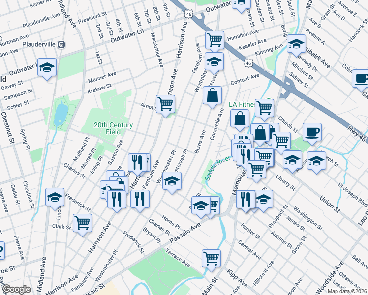 map of restaurants, bars, coffee shops, grocery stores, and more near 45 Willard Street in Lodi