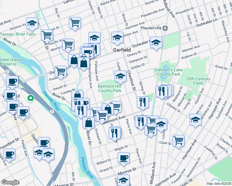 map of restaurants, bars, coffee shops, grocery stores, and more near 270 Pierre Avenue in Garfield