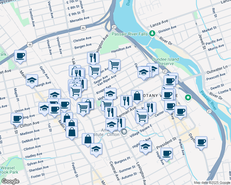 map of restaurants, bars, coffee shops, grocery stores, and more near 137 Mahar Avenue in Clifton