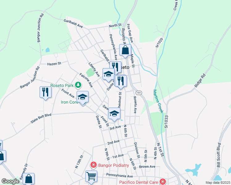 map of restaurants, bars, coffee shops, grocery stores, and more near 33 Dante Street in Roseto