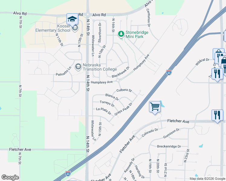 map of restaurants, bars, coffee shops, grocery stores, and more near 1620 Culbera Street in Lincoln