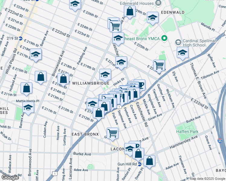 map of restaurants, bars, coffee shops, grocery stores, and more near 1400 Hicks Street in Bronx