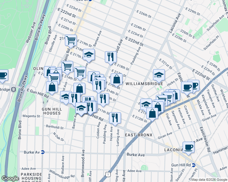 map of restaurants, bars, coffee shops, grocery stores, and more near 945 East 214th Street in Bronx
