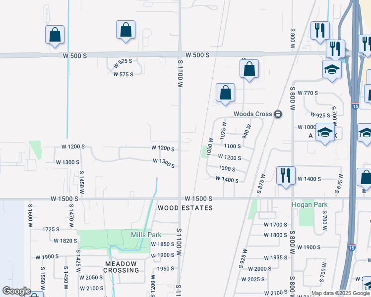 map of restaurants, bars, coffee shops, grocery stores, and more near 1187 South 1100 West in Woods Cross