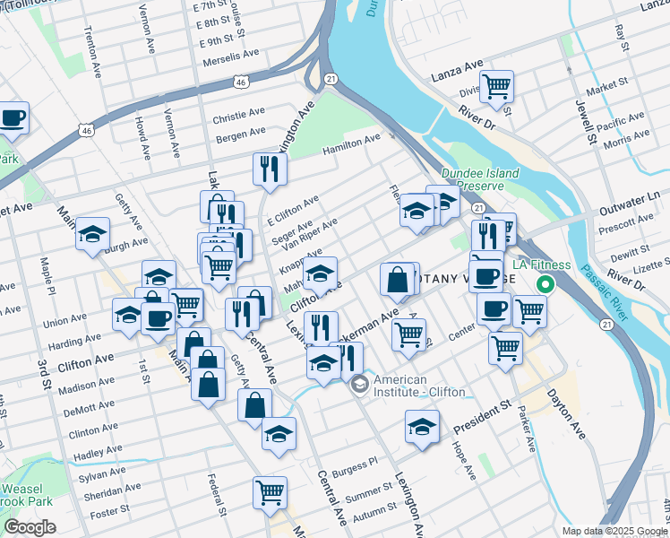 map of restaurants, bars, coffee shops, grocery stores, and more near 137 Mahar Avenue in Clifton