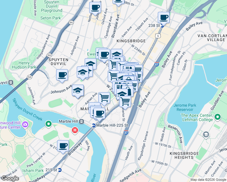 map of restaurants, bars, coffee shops, grocery stores, and more near 237 West 230th Street in Bronx
