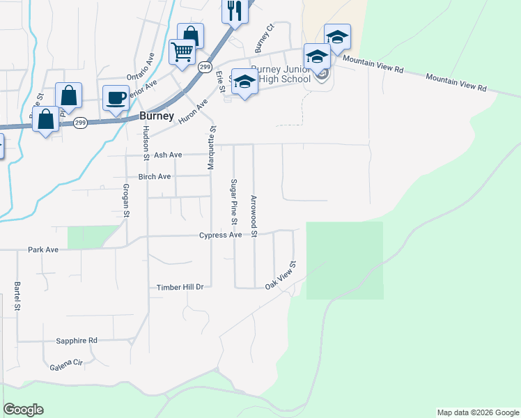map of restaurants, bars, coffee shops, grocery stores, and more near 20251 Arrowood St in Burney