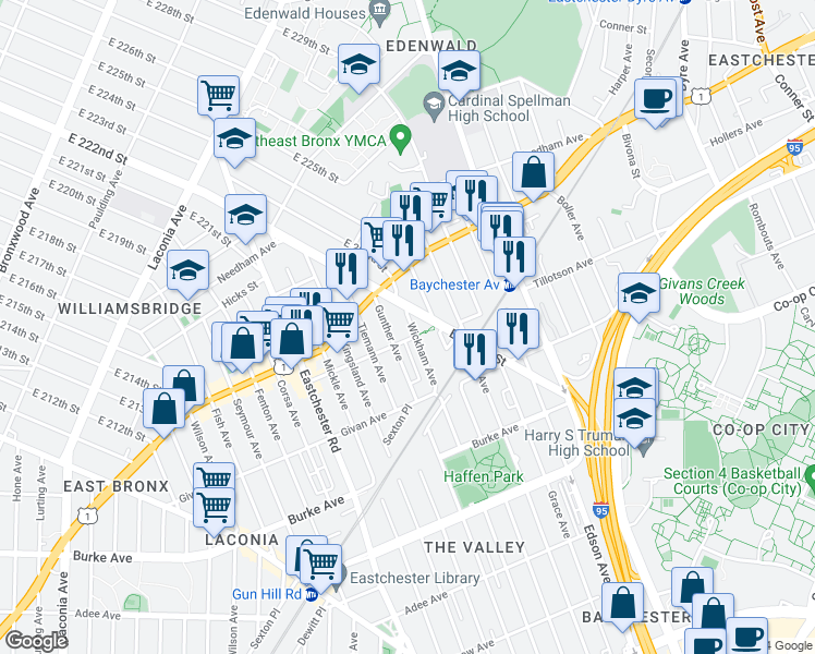map of restaurants, bars, coffee shops, grocery stores, and more near 3411 Wickham Avenue in The Bronx