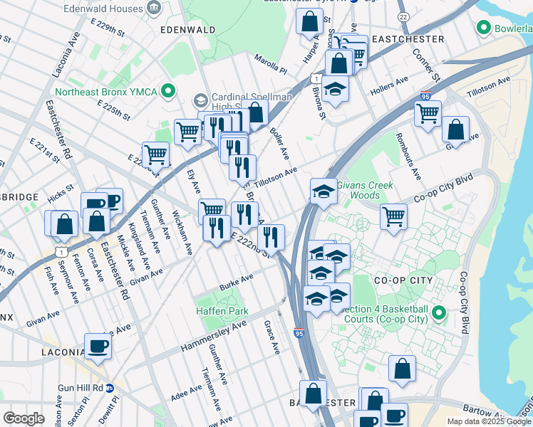 map of restaurants, bars, coffee shops, grocery stores, and more near 3320 Baychester Avenue in Bronx