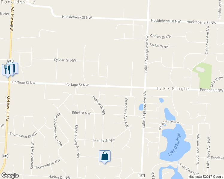 map of restaurants, bars, coffee shops, grocery stores, and more near 6230 Portage Street Northwest in North Canton