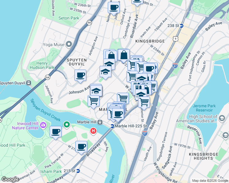 map of restaurants, bars, coffee shops, grocery stores, and more near 169 West 228th Street in Bronx