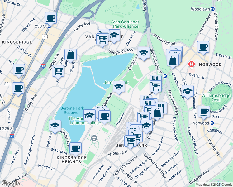 map of restaurants, bars, coffee shops, grocery stores, and more near 75 Bronx Science Boulevard in The Bronx