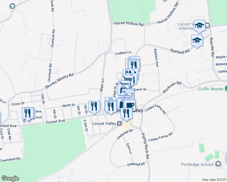 map of restaurants, bars, coffee shops, grocery stores, and more near 31 High Street in Locust Valley