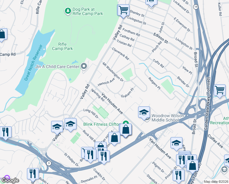 map of restaurants, bars, coffee shops, grocery stores, and more near 24 Garrabrant Road in Clifton