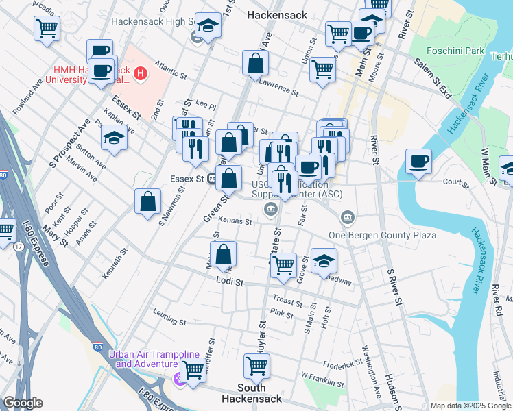 map of restaurants, bars, coffee shops, grocery stores, and more near 95 Essex Street in Hackensack
