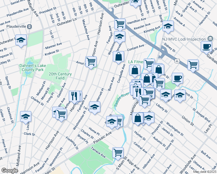 map of restaurants, bars, coffee shops, grocery stores, and more near 113 Burns Ave in Lodi