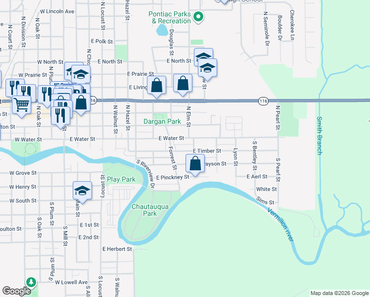 map of restaurants, bars, coffee shops, grocery stores, and more near 417 East Timber Street in Pontiac