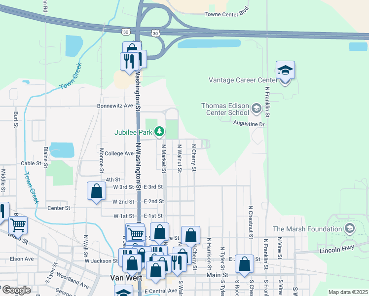 map of restaurants, bars, coffee shops, grocery stores, and more near 680 North Walnut Street in Van Wert