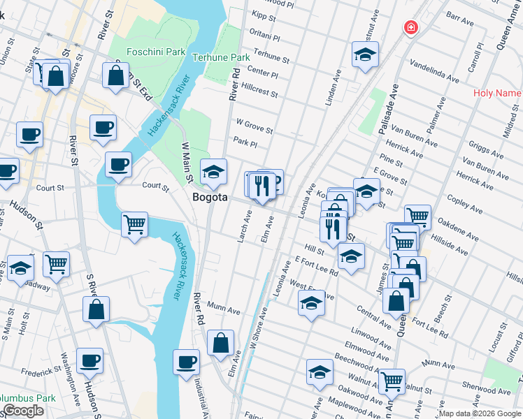 map of restaurants, bars, coffee shops, grocery stores, and more near 52 West Main Street in Bogota