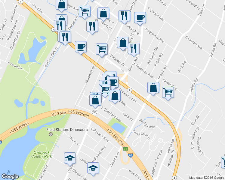 map of restaurants, bars, coffee shops, grocery stores, and more near 475 Grand Ave in Englewood