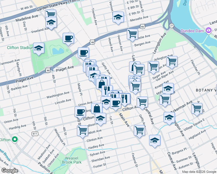 map of restaurants, bars, coffee shops, grocery stores, and more near 17 Washington Avenue in Clifton