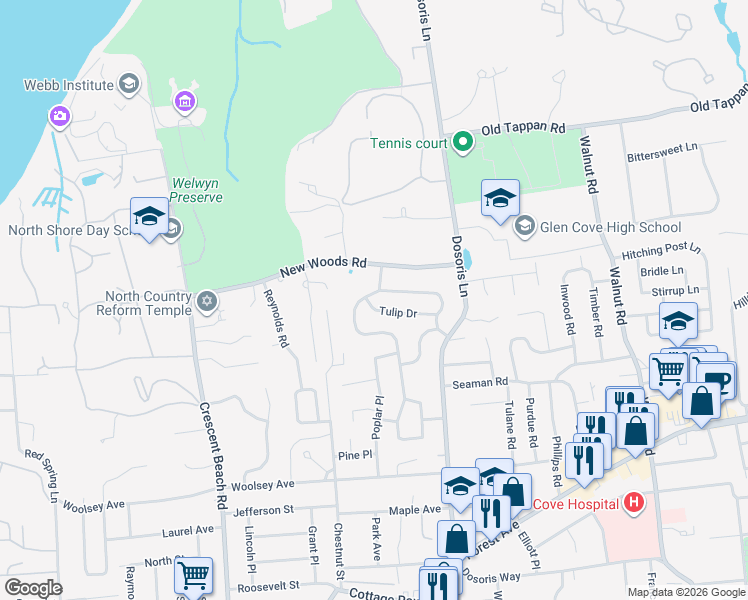 map of restaurants, bars, coffee shops, grocery stores, and more near 60 Buckeye Road in Glen Cove