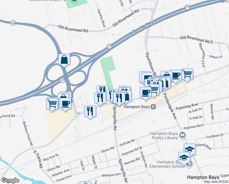 map of restaurants, bars, coffee shops, grocery stores, and more near 11 Cemetery Road in Hampton Bays