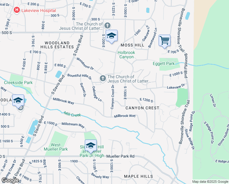 map of restaurants, bars, coffee shops, grocery stores, and more near 1051 1250 in Bountiful