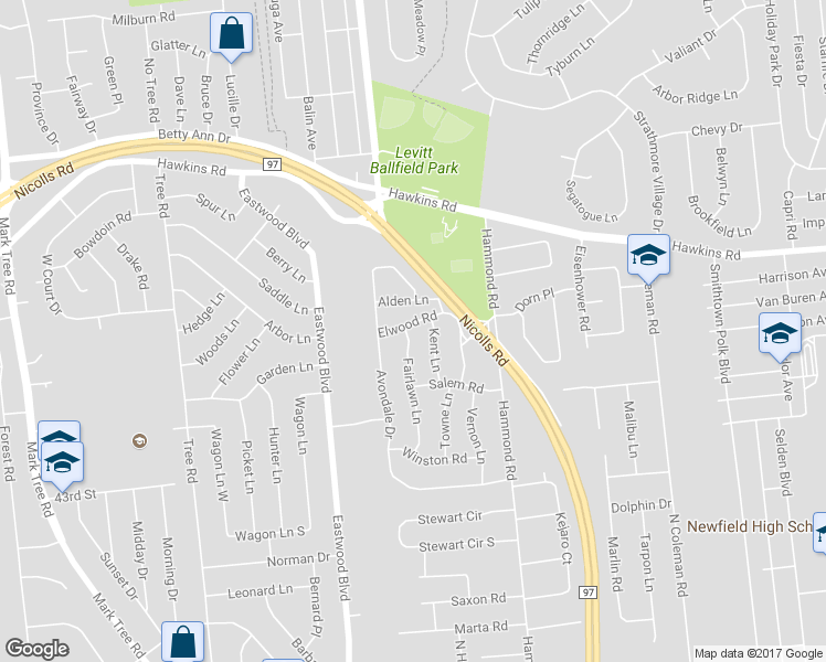map of restaurants, bars, coffee shops, grocery stores, and more near 62 Fairlawn Lane in Centereach