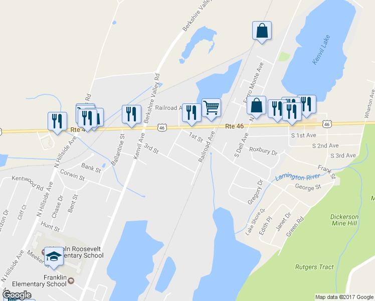 map of restaurants, bars, coffee shops, grocery stores, and more near 7 Sunnyside Drive in Roxbury Township