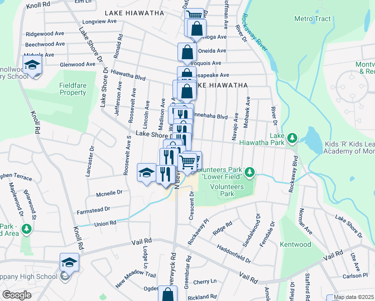map of restaurants, bars, coffee shops, grocery stores, and more near 27 Nokomis Avenue in Parsippany-Troy Hills