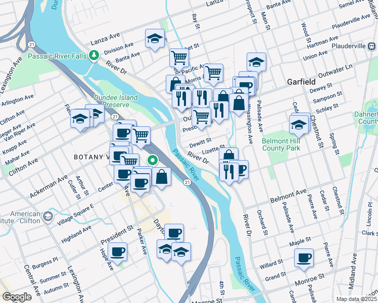 map of restaurants, bars, coffee shops, grocery stores, and more near 614 River Drive in Garfield