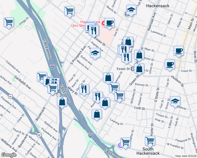 map of restaurants, bars, coffee shops, grocery stores, and more near 248 Standish Avenue in Hackensack