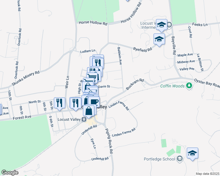 map of restaurants, bars, coffee shops, grocery stores, and more near 68 Davis Street in Locust Valley