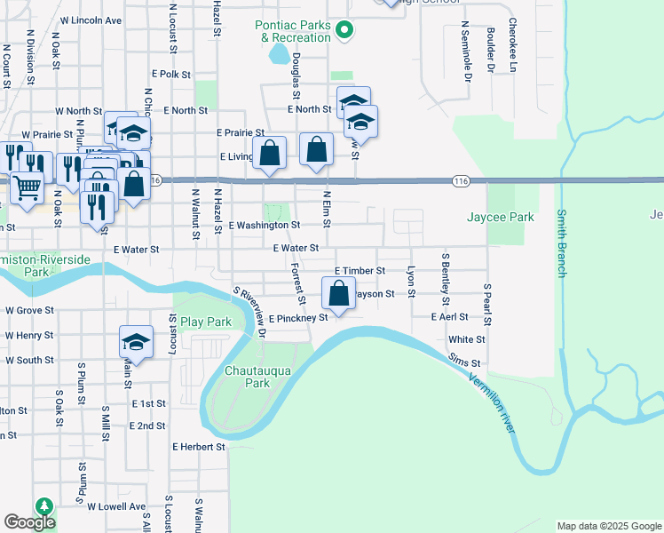 map of restaurants, bars, coffee shops, grocery stores, and more near 429 East Timber Street in Pontiac