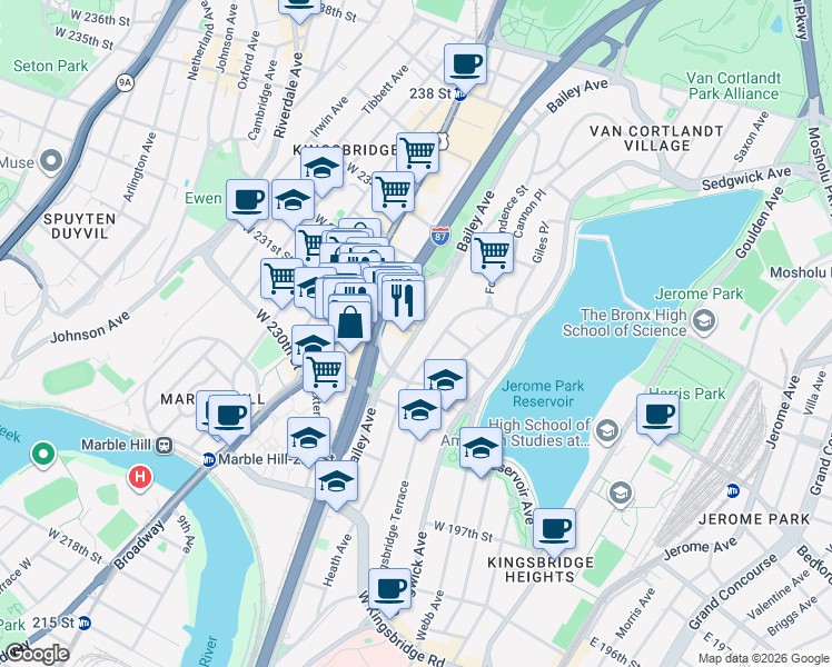 map of restaurants, bars, coffee shops, grocery stores, and more near Bailey Ave & W 231st St in Bronx