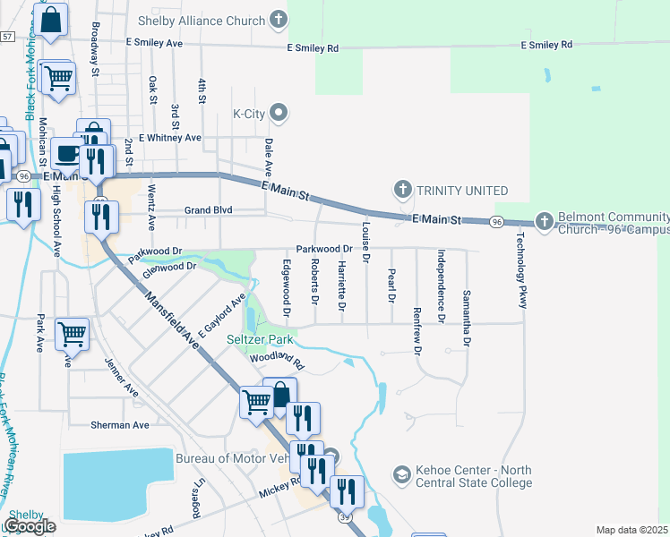 map of restaurants, bars, coffee shops, grocery stores, and more near 53 Roberts Drive in Shelby
