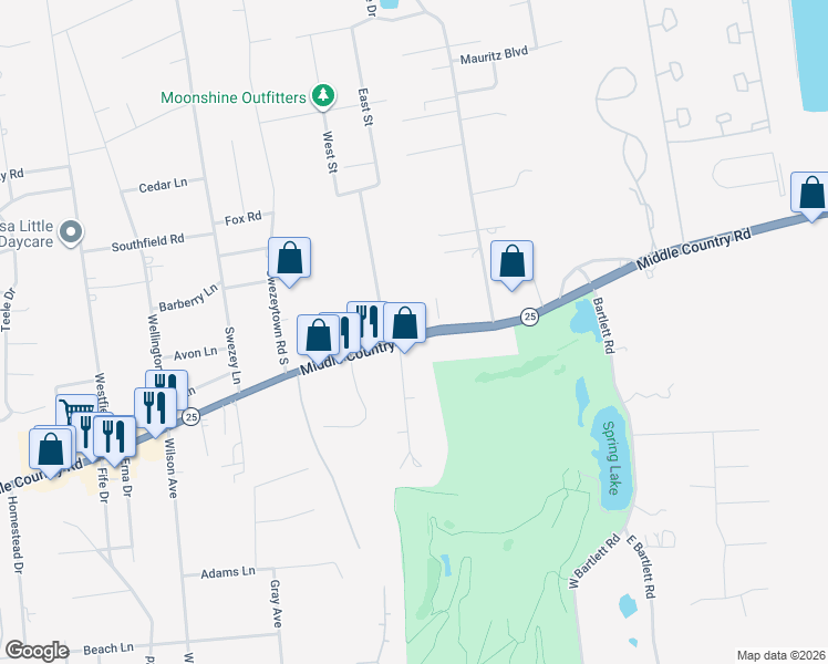map of restaurants, bars, coffee shops, grocery stores, and more near 208 Middle Country Road in Middle Island