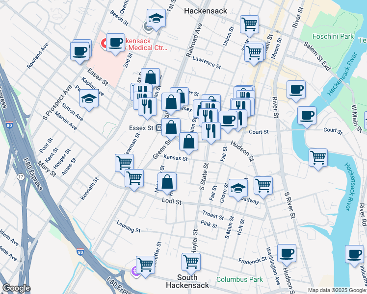 map of restaurants, bars, coffee shops, grocery stores, and more near 95 Essex Street in Hackensack