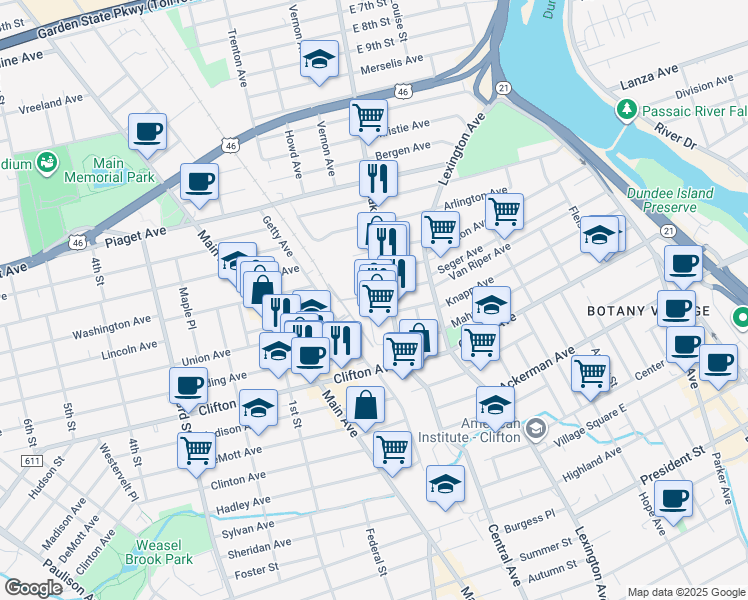 map of restaurants, bars, coffee shops, grocery stores, and more near 90 Lakeview Avenue in Clifton