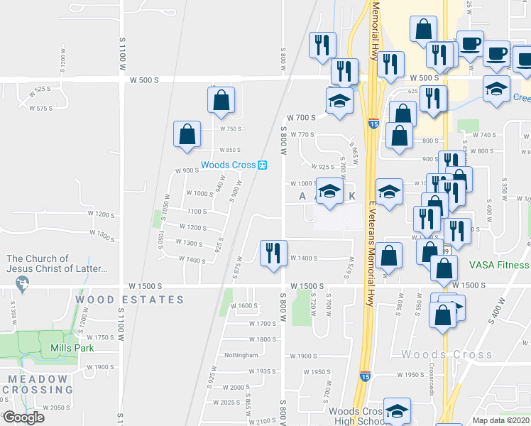 map of restaurants, bars, coffee shops, grocery stores, and more near 834 West 1175 South in Woods Cross