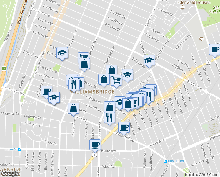 map of restaurants, bars, coffee shops, grocery stores, and more near 1048 East 216th Street in Bronx