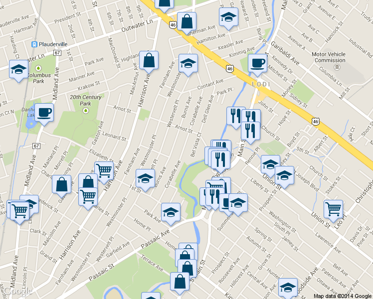 map of restaurants, bars, coffee shops, grocery stores, and more near 108 Corabelle Avenue in Lodi