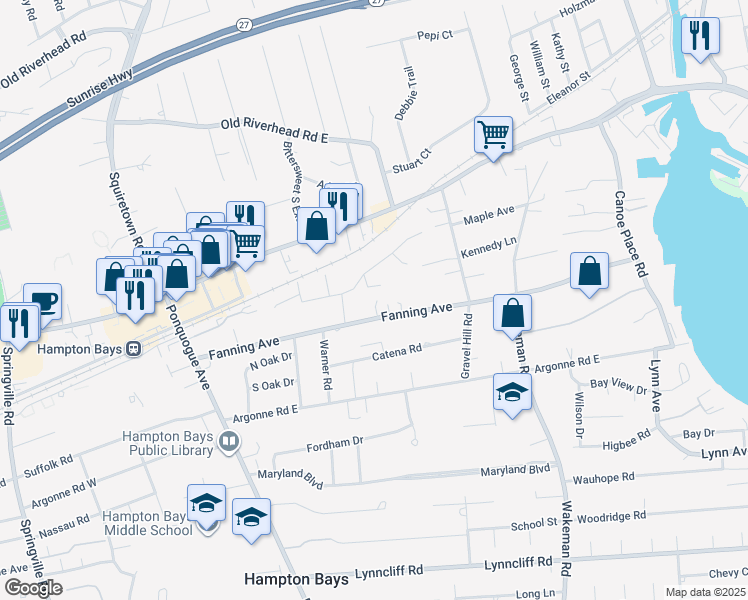 map of restaurants, bars, coffee shops, grocery stores, and more near 47A Fanning Avenue in Hampton Bays