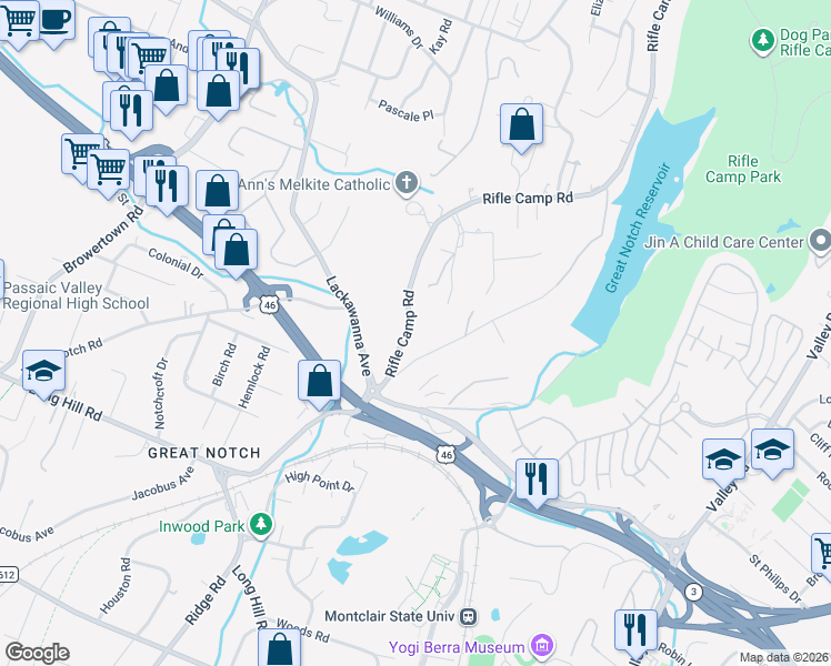 map of restaurants, bars, coffee shops, grocery stores, and more near 889 Rifle Camp Road in Woodland Park