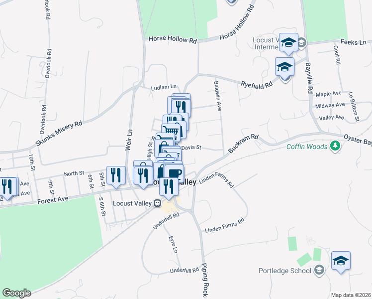 map of restaurants, bars, coffee shops, grocery stores, and more near 30 Davis Street in Locust Valley