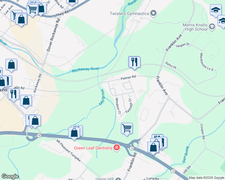 map of restaurants, bars, coffee shops, grocery stores, and more near 703 Buckland Court in Denville