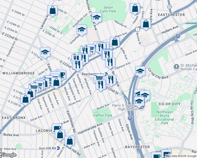 map of restaurants, bars, coffee shops, grocery stores, and more near 3384 Ely Avenue in The Bronx
